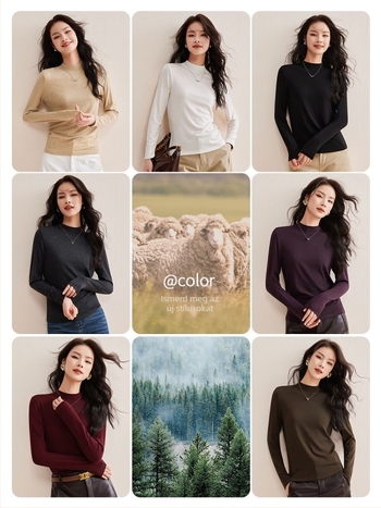 Hosszú ujjú póló gyapjú‑keverékből Lyocell 70–80%, egyszínű, közepes gallér