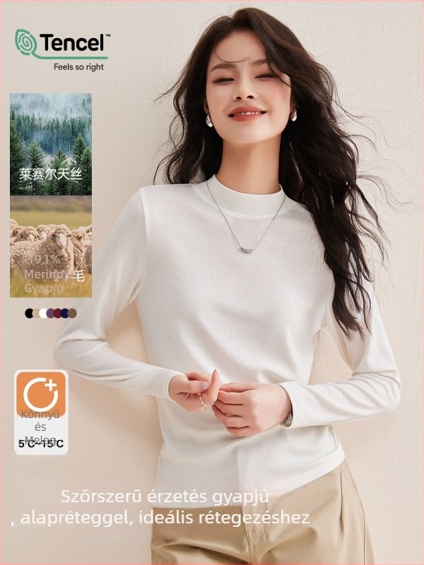 Hosszú ujjú póló gyapjú‑keverékből Lyocell 70–80%, egyszínű, közepes gallér