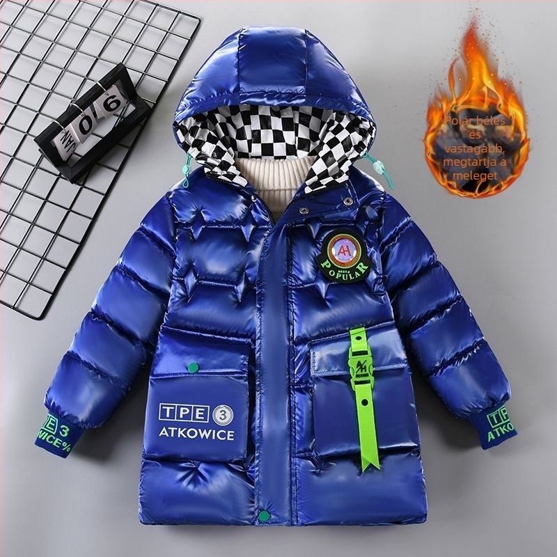Gyerekeknek kapucnis vastag toll-pamut töltésű kabát téli szezonra, casual stílusban, fő anyag: poliészter