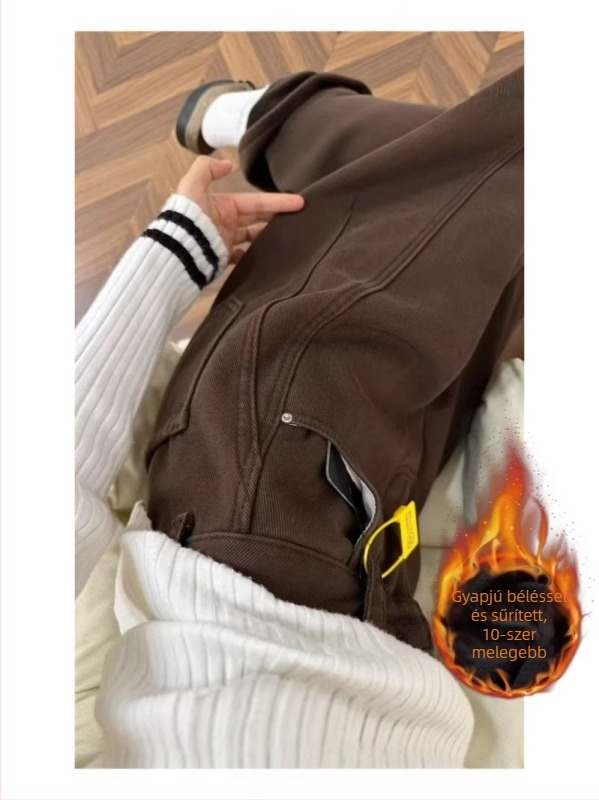 Barna farmernadrág fleece bélésével téli vise, plusz méret, alacsony testalkatú nőknek, egyenes és széles fazon, kávé színben