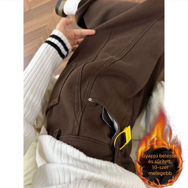 Barna farmernadrág fleece bélésével téli vise, plusz méret, alacsony testalkatú nőknek, egyenes és széles fazon, kávé színben