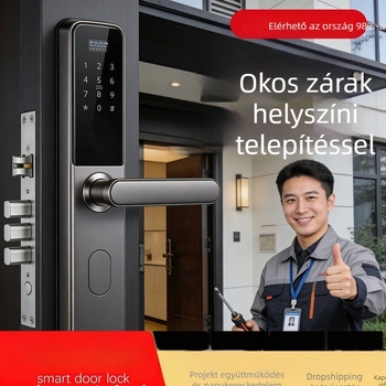 Okos ajtózár telepítési szolgáltatással — ujjlenyomat, jelszó, kártya, tenyér és arcfelismerés; 100 ujjlenyomat tárolása; akár 100 000 nyitás; 0,5 s beolvasás; vízálló; DC tápegység; bejárati ajtóhoz.
