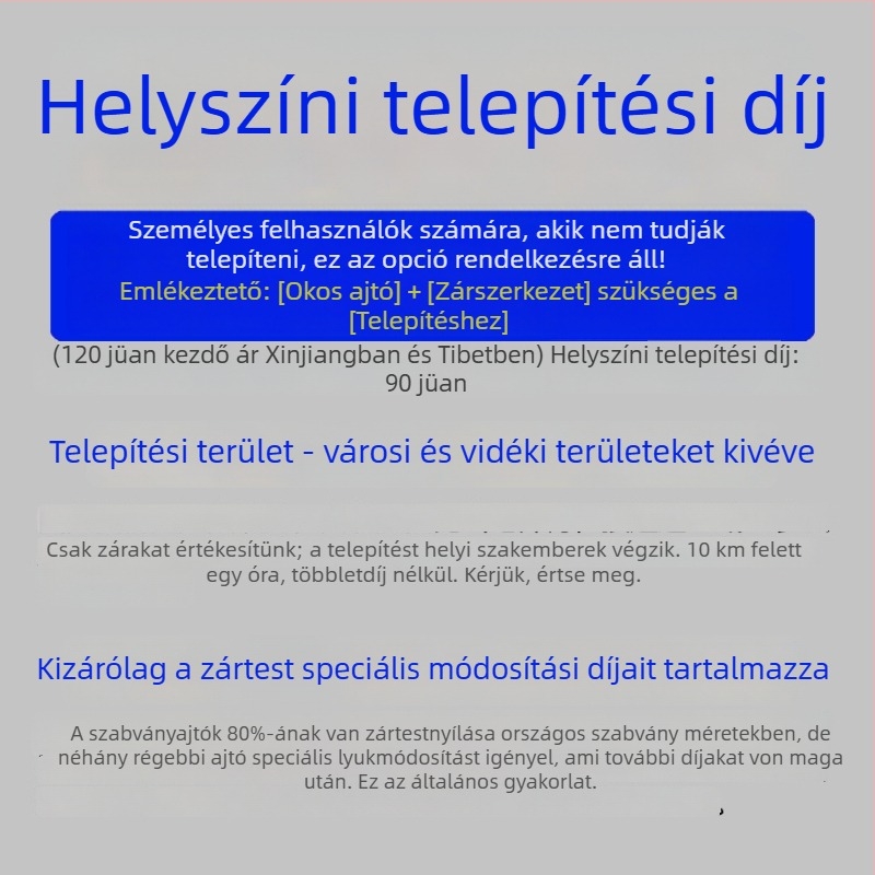 Okos ajtózár telepítési szolgáltatással — ujjlenyomat, jelszó, kártya, tenyér és arcfelismerés; 100 ujjlenyomat tárolása; akár 100 000 nyitás; 0,5 s beolvasás; vízálló; DC tápegység; bejárati ajtóhoz.