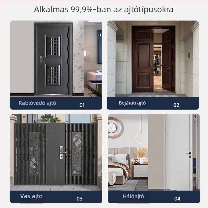 Okos ajtózár telepítési szolgáltatással — ujjlenyomat, jelszó, kártya, tenyér és arcfelismerés; 100 ujjlenyomat tárolása; akár 100 000 nyitás; 0,5 s beolvasás; vízálló; DC tápegység; bejárati ajtóhoz.
