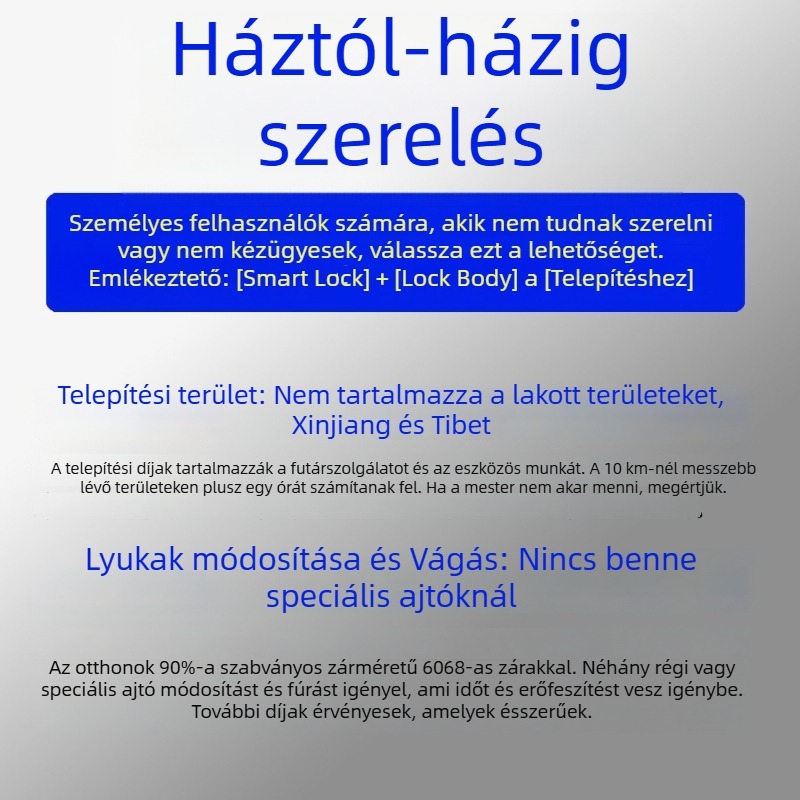 Okos ajtózár telepítési szolgáltatással — ujjlenyomat, jelszó, kártya, tenyér és arcfelismerés; 100 ujjlenyomat tárolása; akár 100 000 nyitás; 0,5 s beolvasás; vízálló; DC tápegység; bejárati ajtóhoz.