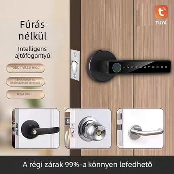 D1 okos ajtózár — 50 ujjlenyomat tárolás, <0,25 s szkennelési idő, >3 000 000 nyitás, DC tápegység, működési hőmérséklet -20–60°C, relatív páratartalom 10–90%