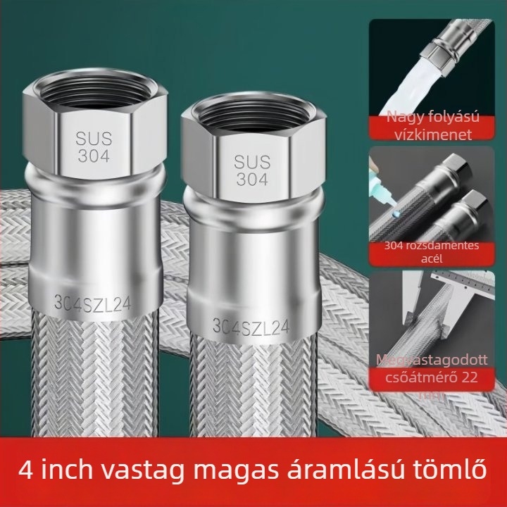 304 rozsdamentes acél WC vízbetöltő tömlő – nagy áramlású, robusztus fonott cső, csavaros csatlakozás, meleg és hideg vízhez