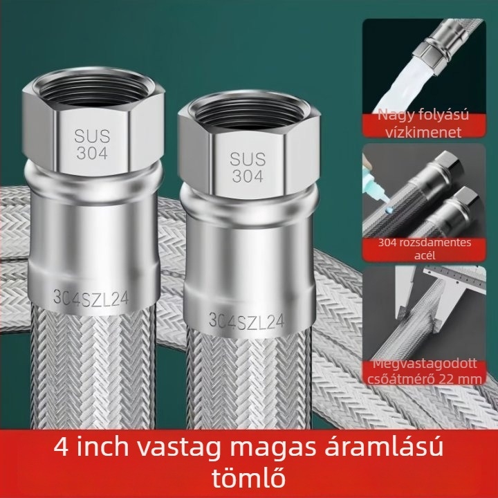 304 rozsdamentes acél WC vízbetöltő tömlő – nagy áramlású, robusztus fonott cső, csavaros csatlakozás, meleg és hideg vízhez