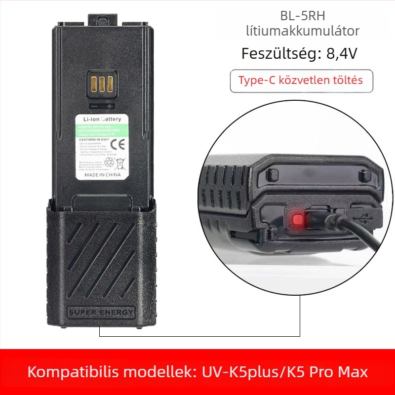 BL-5RH kinyúló Li-ion akkumulátor Baofeng UV-K5Plus/K5 Pro Max számára, 6800mAh, vízálló, hatótáv 1,5–3 km