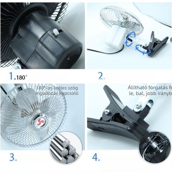 Autóba szerelt hőelvezető ventilátor klipszes rögzítéssel és oszcilláló fejjel, cigarettagyújtó-interfész, 18W, JT0098 modell, műanyag
