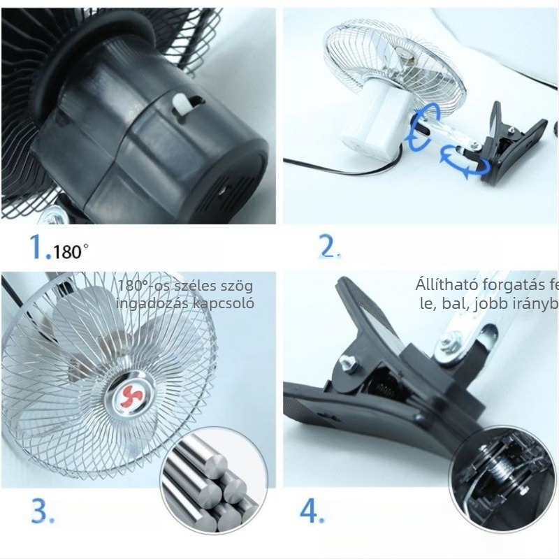 Autóba szerelt hőelvezető ventilátor klipszes rögzítéssel és oszcilláló fejjel, cigarettagyújtó-interfész, 18W, JT0098 modell, műanyag