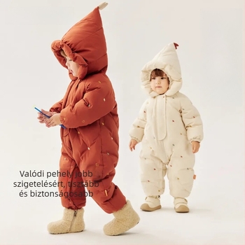Gyermekeknek készült egybeöltözet pehelytöltettel, fehér kacsapuh 86–90% töltet; külső és bélés anyag 100% poliészter; alkalmas 0–1 éves korú újszülötteknek; gallér nélkül