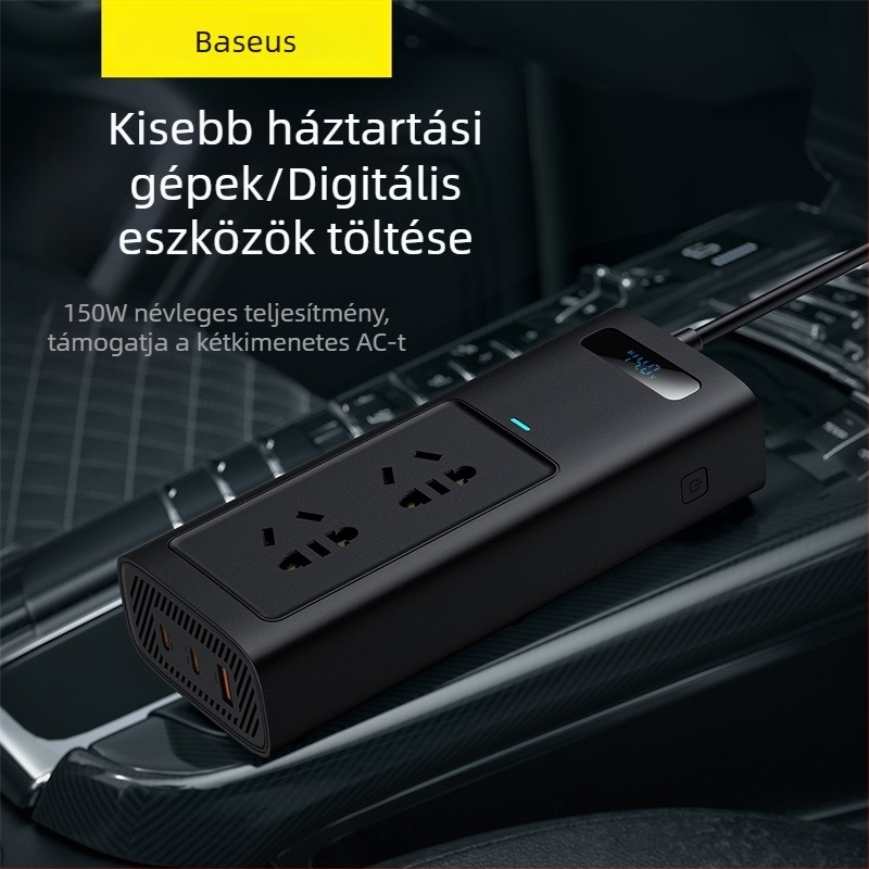 Autóinverter Pro verzió, 150 W, három port, teljes gyorstöltés, intelligens digitális kijelző, csendes működés