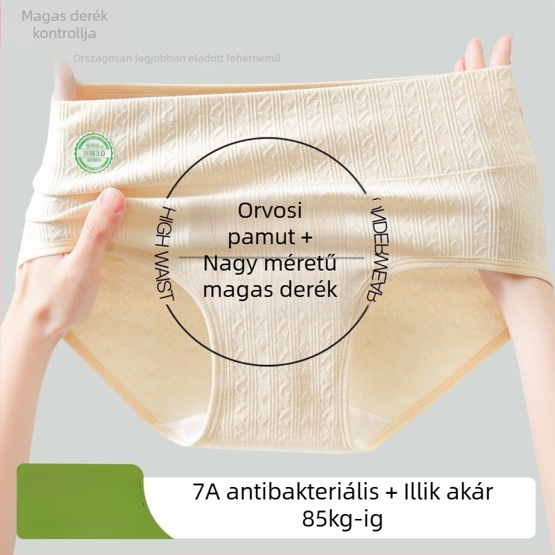 Női pamut magas derekú bugyi, antibakteriális, lélegző, haskontrollal, jacquard mintázat; fő anyag 95–100% pamut, szeméremrész 100% pamut