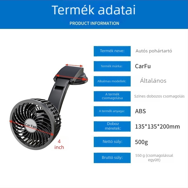 Autóventilátor állítható vákuumos rögzítéssel a középkonzolhoz – ABS, 7W, modell AC-2318