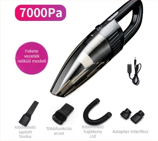 Hordozható kézi autó porszívó, újratölthető, 7.4V, 120W, 7500 Pa szívóerő