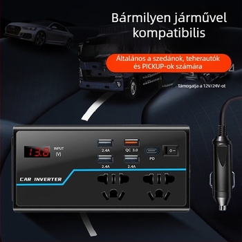 Autó inverter BY-1644, 12V/24V bemenetről 110V/220V kimenet, 100W/200W, digitális kijelzővel