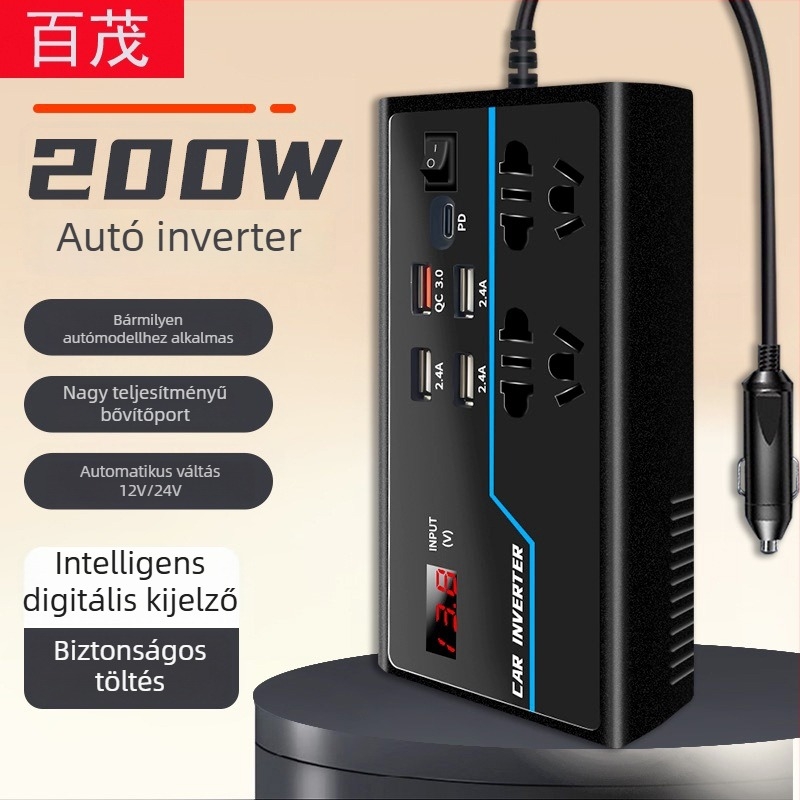 Autó inverter BY-1644, 12V/24V bemenetről 110V/220V kimenet, 100W/200W, digitális kijelzővel