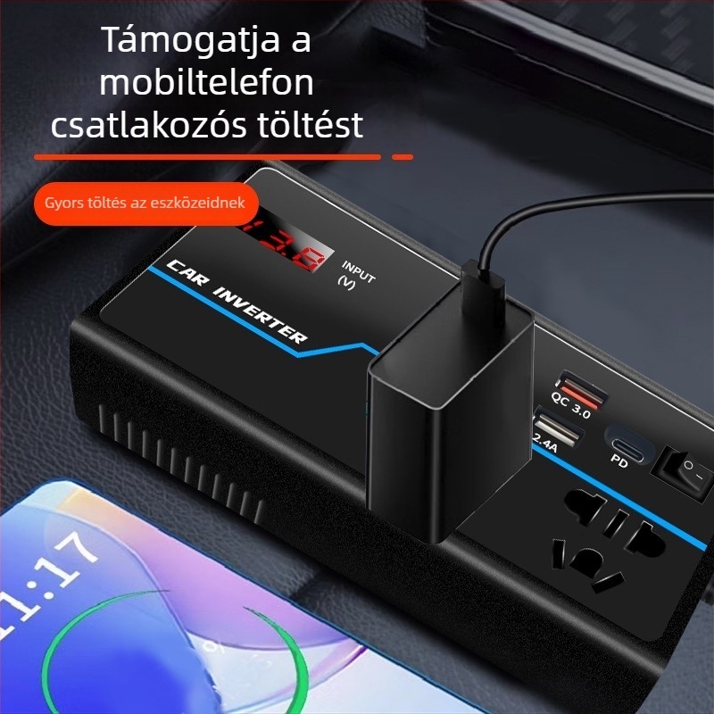 Autó inverter BY-1644, 12V/24V bemenetről 110V/220V kimenet, 100W/200W, digitális kijelzővel