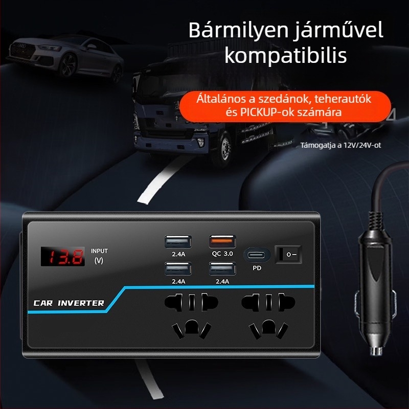 Autó inverter BY-1644, 12V/24V bemenetről 110V/220V kimenet, 100W/200W, digitális kijelzővel