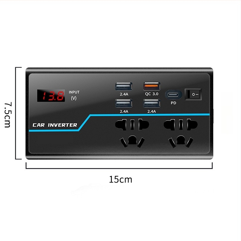 Autó inverter BY-1644, 12V/24V bemenetről 110V/220V kimenet, 100W/200W, digitális kijelzővel