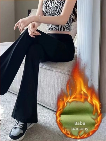 Nylon–spandex fleece béléses nadrág, bokáig érő, flared széles lábú fazon, csípőemelés, 3D textúra, hátsó zseb
