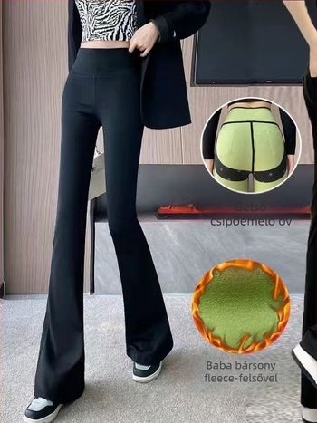 Nylon–spandex fleece béléses nadrág, bokáig érő, flared széles lábú fazon, csípőemelés, 3D textúra, hátsó zseb