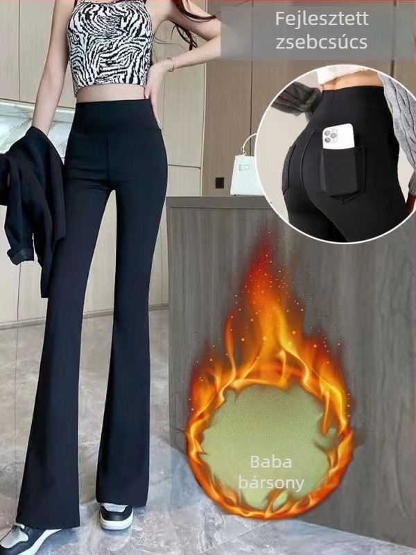 Nylon–spandex fleece béléses nadrág, bokáig érő, flared széles lábú fazon, csípőemelés, 3D textúra, hátsó zseb