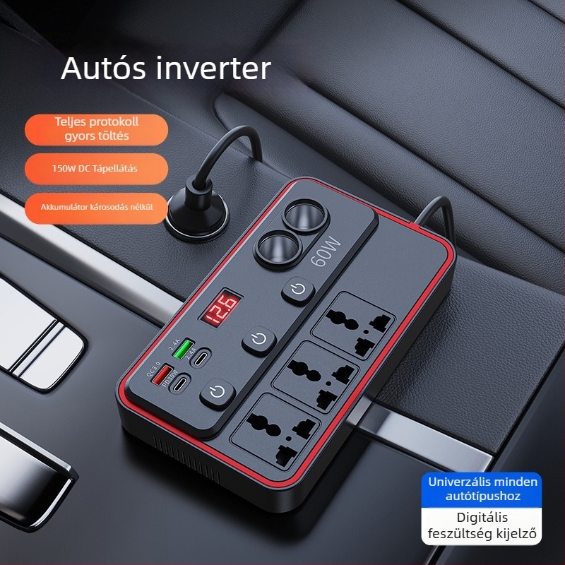 Autó- és teherautóhoz készült 12V/24V–220V multifunkciós inverter, aljzattal és független kapcsolóval