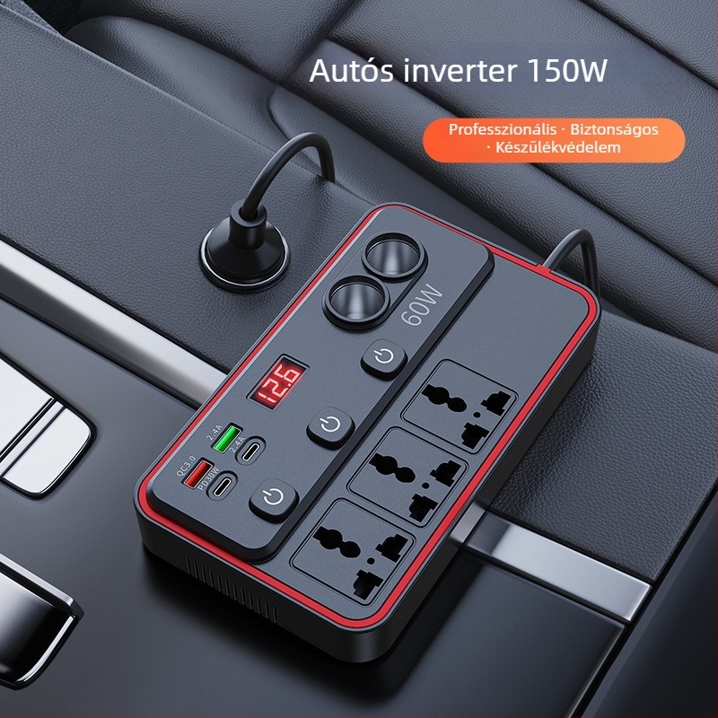 Autó- és teherautóhoz készült 12V/24V–220V multifunkciós inverter, aljzattal és független kapcsolóval