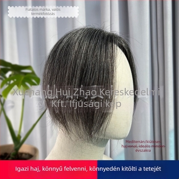 Valódi hajból készült toppper a fejtetőre, szürke/fehér haj, teljes haj, könnyű viselet, frufruval, 20 cm vagy hosszabb