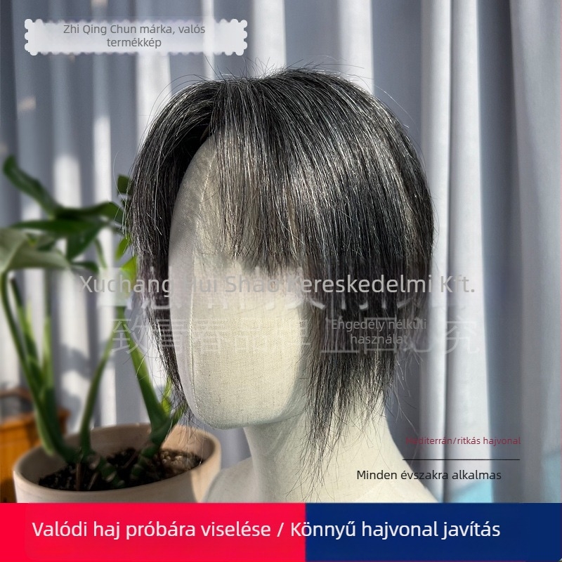 Valódi hajból készült toppper a fejtetőre, szürke/fehér haj, teljes haj, könnyű viselet, frufruval, 20 cm vagy hosszabb