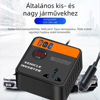 Járműre szerelt inverter 12V/24V–ról 220V-ra, 200W, BS-2334, ABS ház