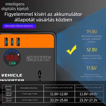 Járműre szerelt inverter 12V/24V–ról 220V-ra, 200W, BS-2334, ABS ház
