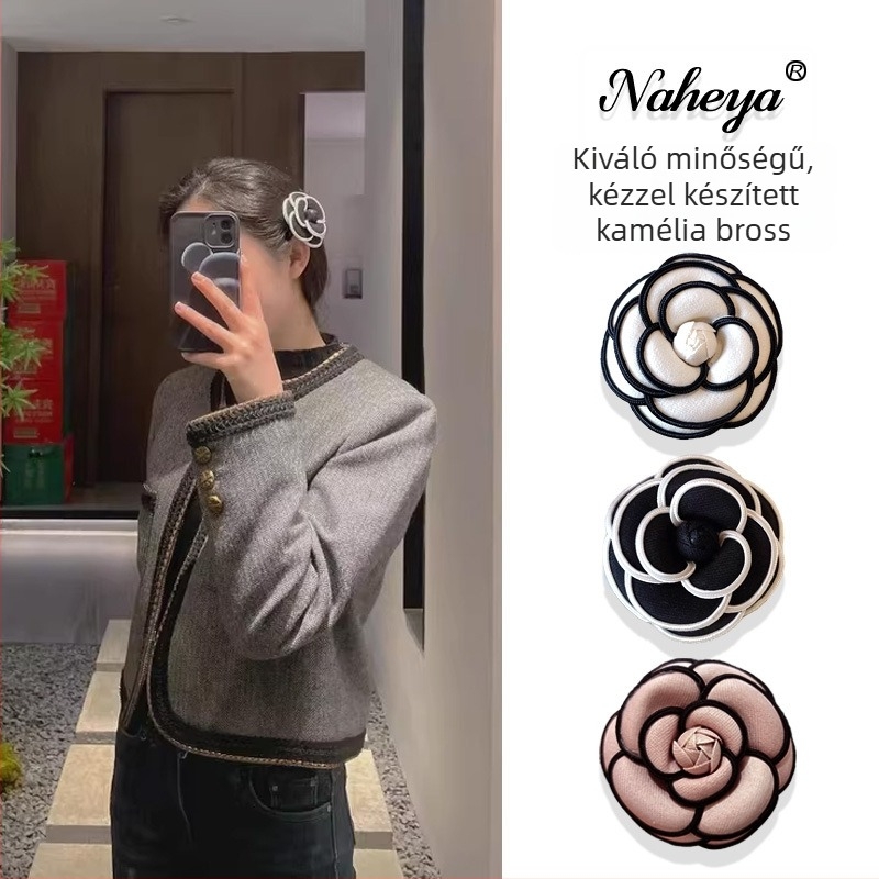 Egyszerű női hajdísz virággal és gyöngyökkel, kamélia dekorációval