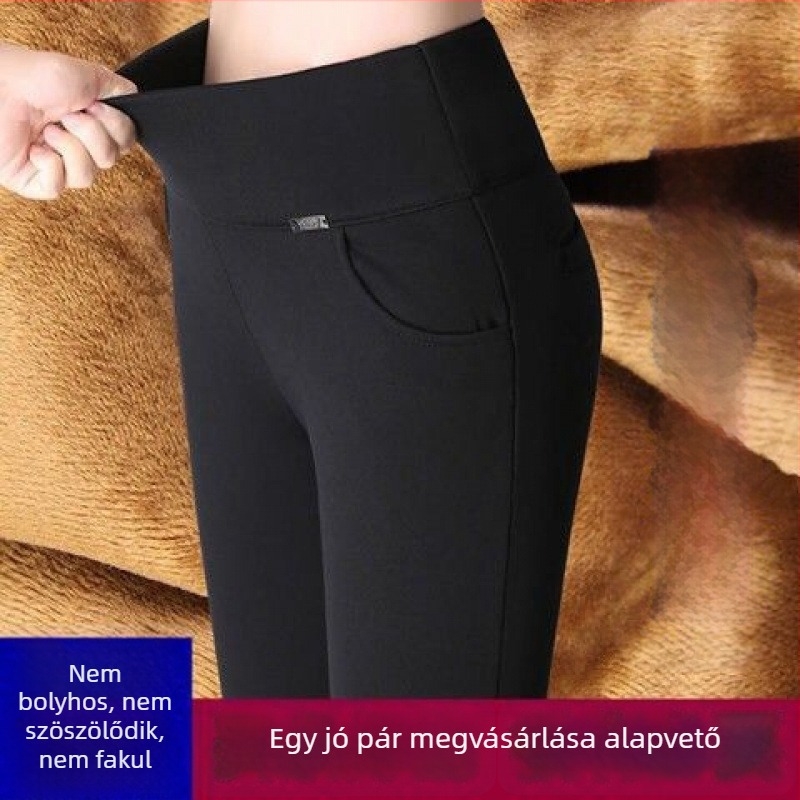 Női ceruzaszárú nadrág magas derekú, fleece béléssel, chenille-spandex anyagból, közepes vastagságú