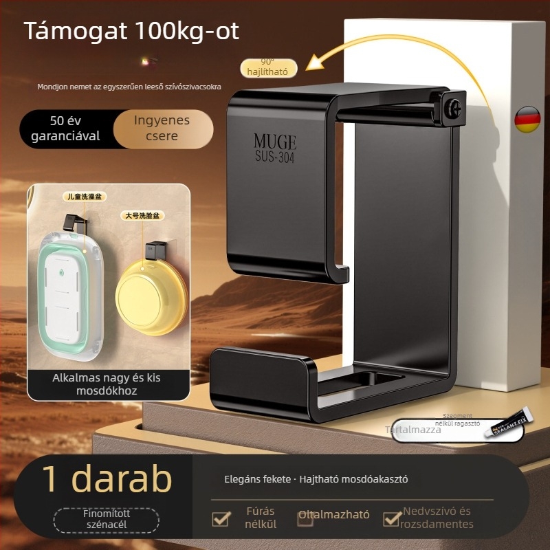 Rozsdamentes acél mosdó tartó – fúrás nélküli, falra akasztható, 1 réteg, 5–10 kg teherbírás, elektroplatinált felület