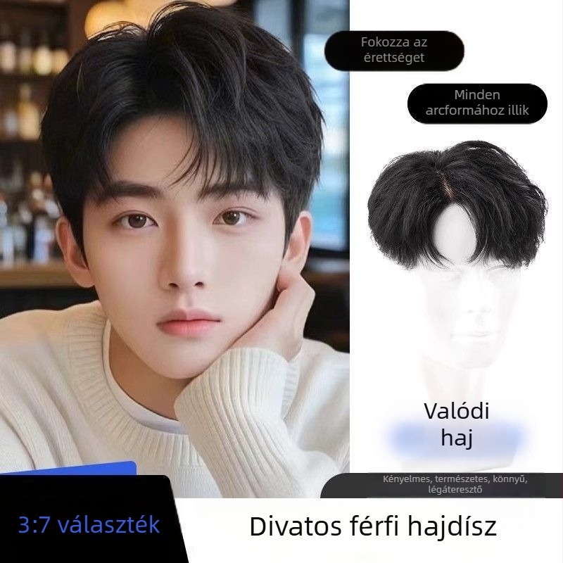 Férfi rövid paróka valódi hajból, topper a fejtetőn három részes elválasztással, varrat nélküli hangerő-növelés, puha, természetes textúra
