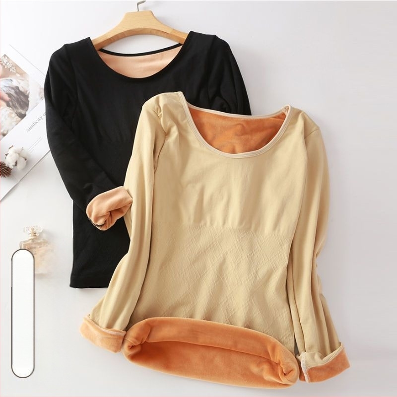 Meleg fleece-béléssel ellátott bambuszrost alapréteg felső, kerek nyakú, dupla réteg, 3/4-es ujj