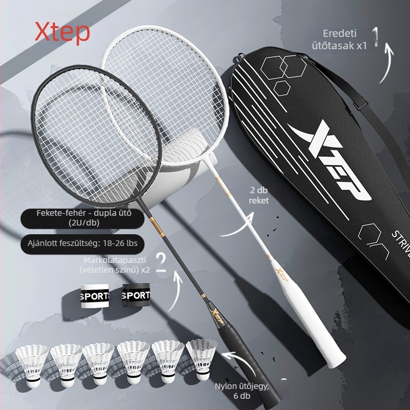 Szénszálas tollasütő, egy darabból álló konstrukció, egyenes nyél, 95–100 g, közepes merevségű, kezdők számára