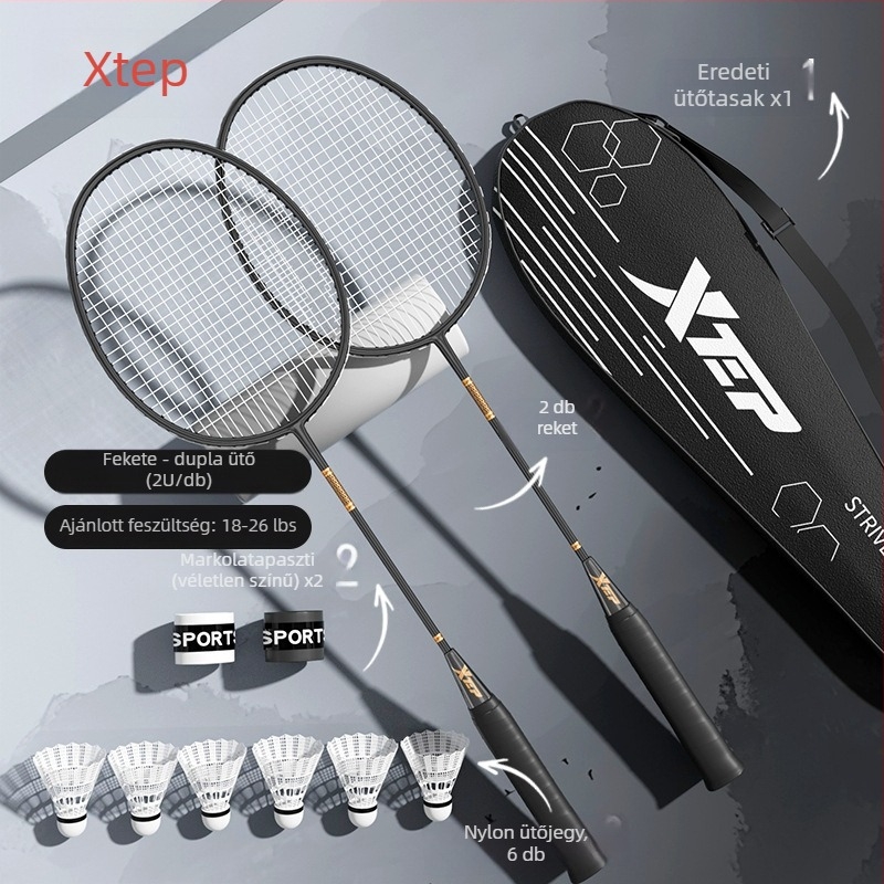 Szénszálas tollasütő, egy darabból álló konstrukció, egyenes nyél, 95–100 g, közepes merevségű, kezdők számára