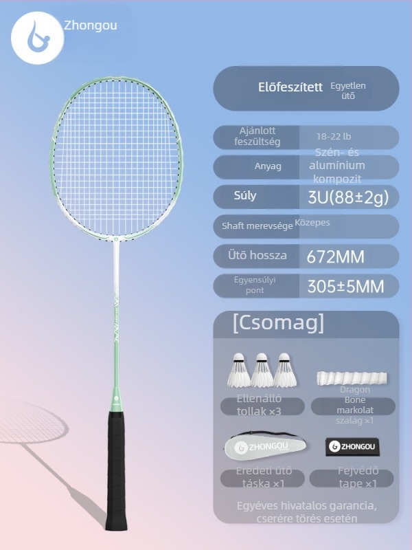 Tollaslabdaütő alumínium-karbon váz, tömeg 85–89 g, fogó G3, egyenes nyél, szálas selyem húrok