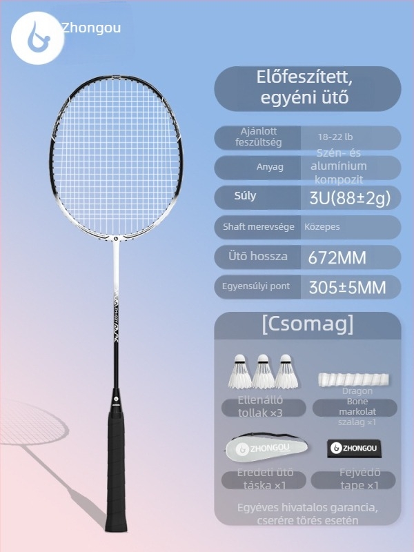 Tollaslabdaütő alumínium-karbon váz, tömeg 85–89 g, fogó G3, egyenes nyél, szálas selyem húrok