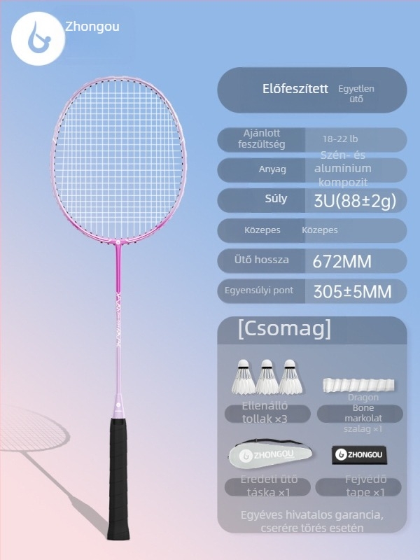 Tollaslabdaütő alumínium-karbon váz, tömeg 85–89 g, fogó G3, egyenes nyél, szálas selyem húrok