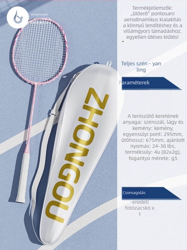 Tollaslabdaütő alumínium-karbon váz, tömeg 85–89 g, fogó G3, egyenes nyél, szálas selyem húrok