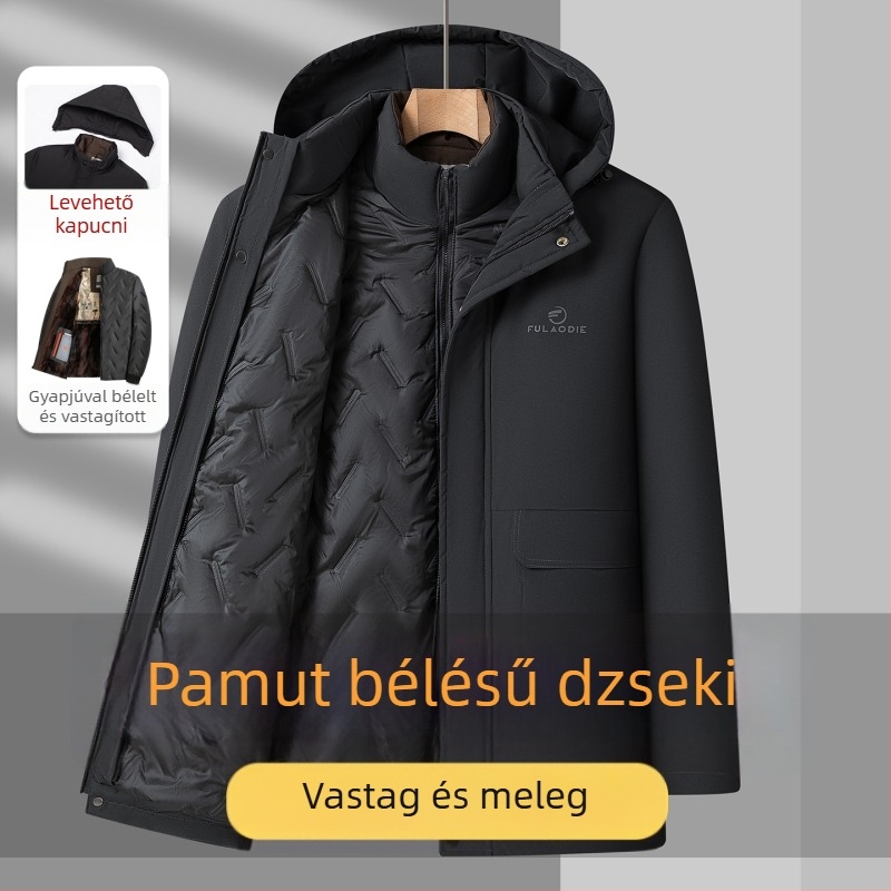 Férfi téli kapucnis, vastag párnázott kabát levehető béléssel