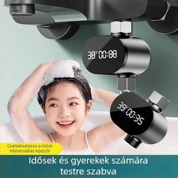Zuhanycsap hőmérő LED kijelzővel és hőmérséklet-szabályozással (ABS, 0–60°C, keverő kimenet, spirálos szerelés)
