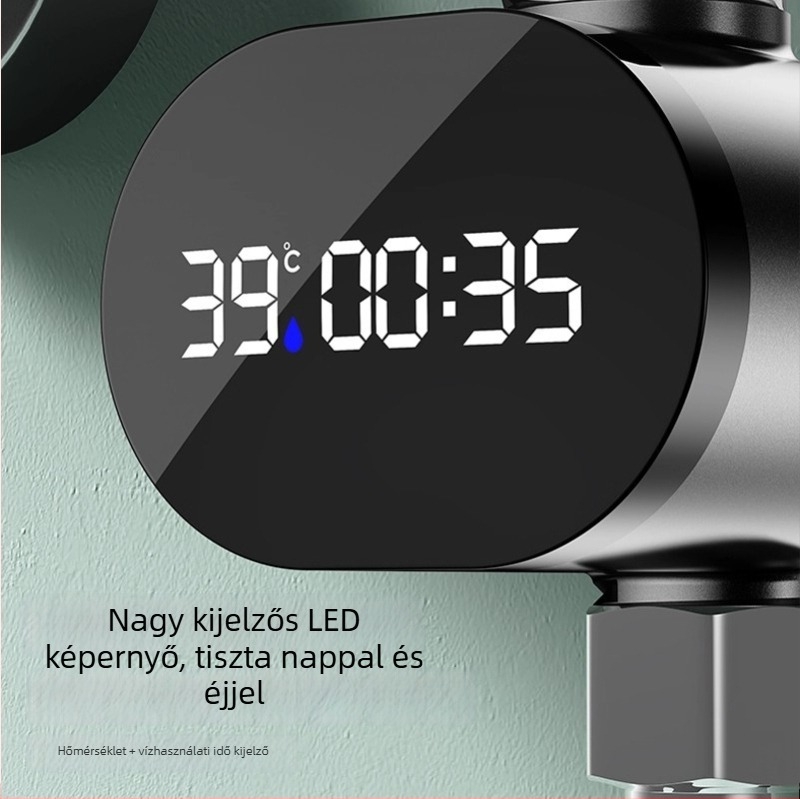 Zuhanycsap hőmérő LED kijelzővel és hőmérséklet-szabályozással (ABS, 0–60°C, keverő kimenet, spirálos szerelés)