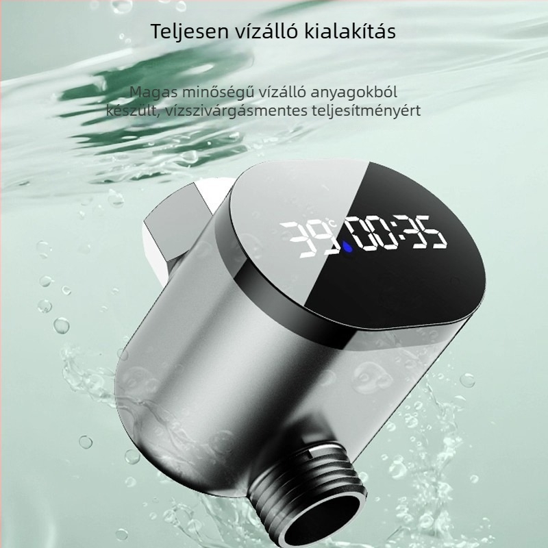 Zuhanycsap hőmérő LED kijelzővel és hőmérséklet-szabályozással (ABS, 0–60°C, keverő kimenet, spirálos szerelés)