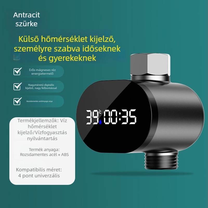 Zuhanycsap hőmérő LED kijelzővel és hőmérséklet-szabályozással (ABS, 0–60°C, keverő kimenet, spirálos szerelés)